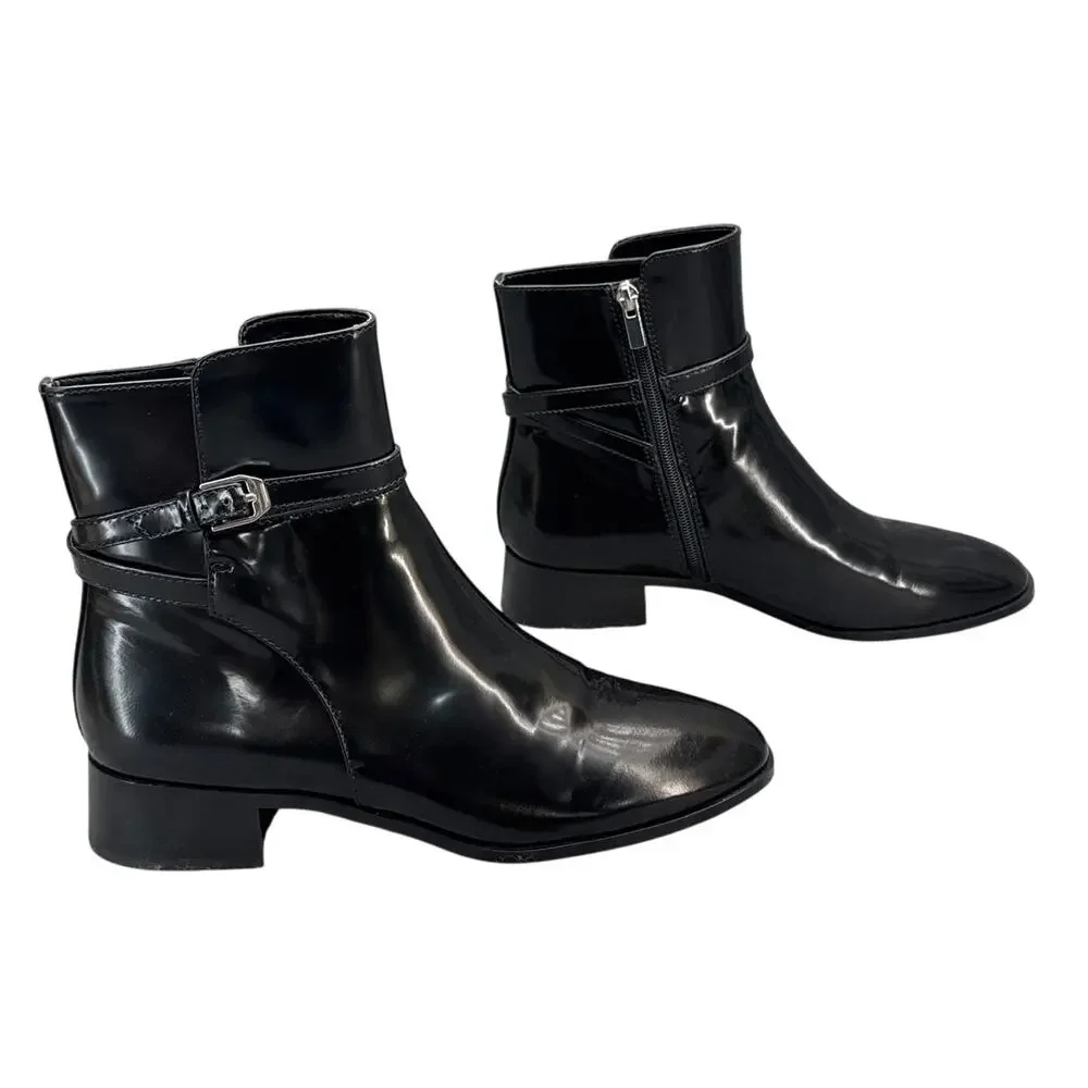 Ann Taylor Black Patent Leather Side Zip Wraparound Buckle Ankle Boot Women 10